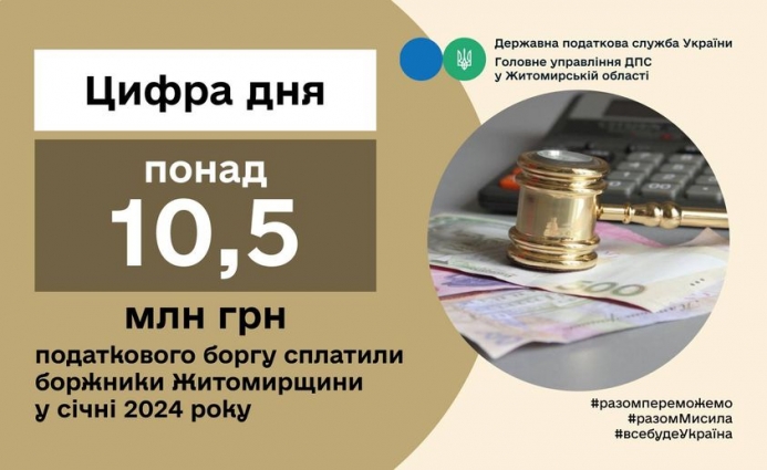 Понад 10,5 млн гривень податкового боргу сплатили боржники Житомирщини у січні 2024 року