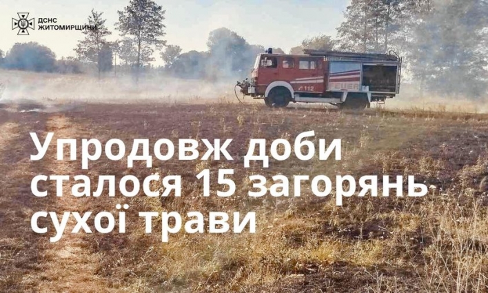 На Житомирщині за минулу добу сталося 15 пожеж сухої трави