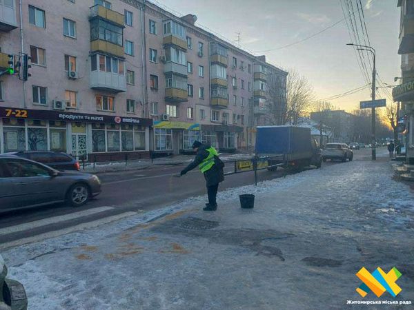 11 одиниць техніки та понад 300 працівників посипали вулиці та тротуари Житомира протиожеледною сумішшю