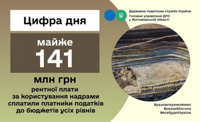 За минулий рік за користування надрами платники податків Житомирщини сплатили до бюджетів усіх рівнів 140,9 млн. грн. рентної плати