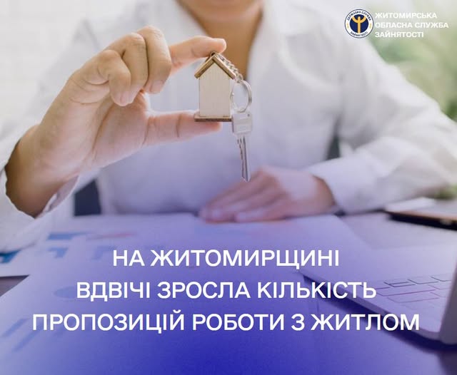 На Житомирщині до служби зайнятості подали понад 130 вакансій, які передбачають можливість забезпечення претендентів житлом