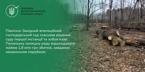 Пулинська селищна рада має сплатити майже 1,8 млн шкоди довкіллю через незаконну порубку на самозаліснених землях