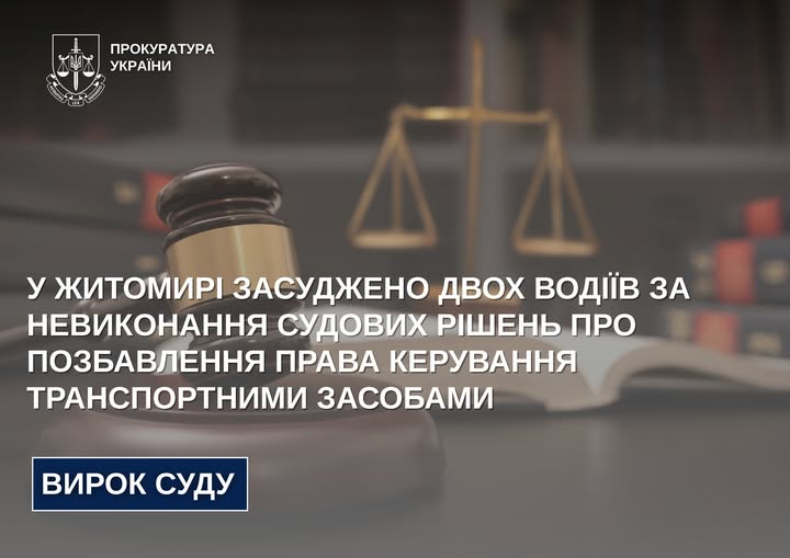 У Житомирі засуджено двох водіїв за невиконання судових рішень про позбавлення права керування транспортними засобами