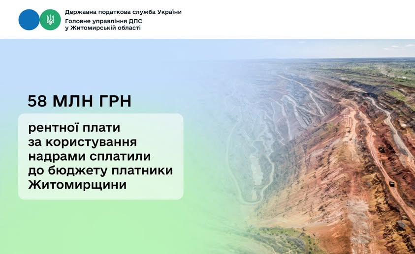 З початку року платники податків Житомирщини сплатили до бюджетів усіх рівнів 58 млн грн рентної плати