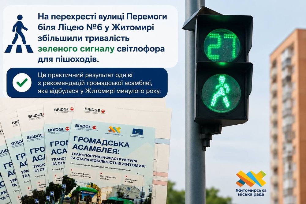 У Житомирі збільшено тривалість зеленого сигналу світлофора для пішоходів на перехресті вулиці Перемоги