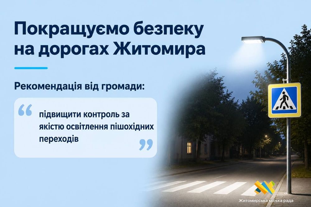 У Житомирі встановили додаткове освітлення на 11 нерегульованих пішохідних переходах та змонтували 16 світлодіодних дорожніх знаків