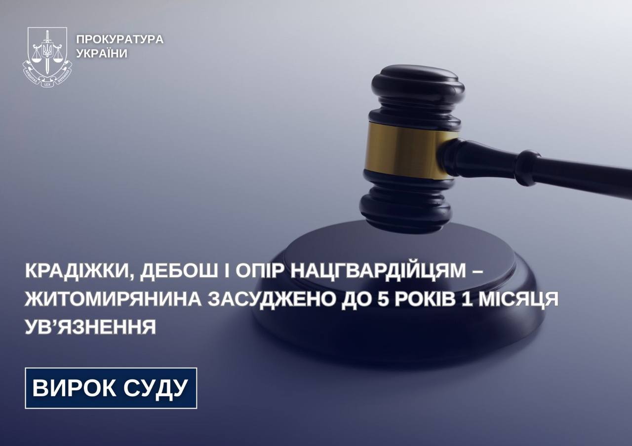 Крадіжки, дебош і опір нацгвардійцям – житомирянина засуджено до 5 років 1 місяця ув’язнення