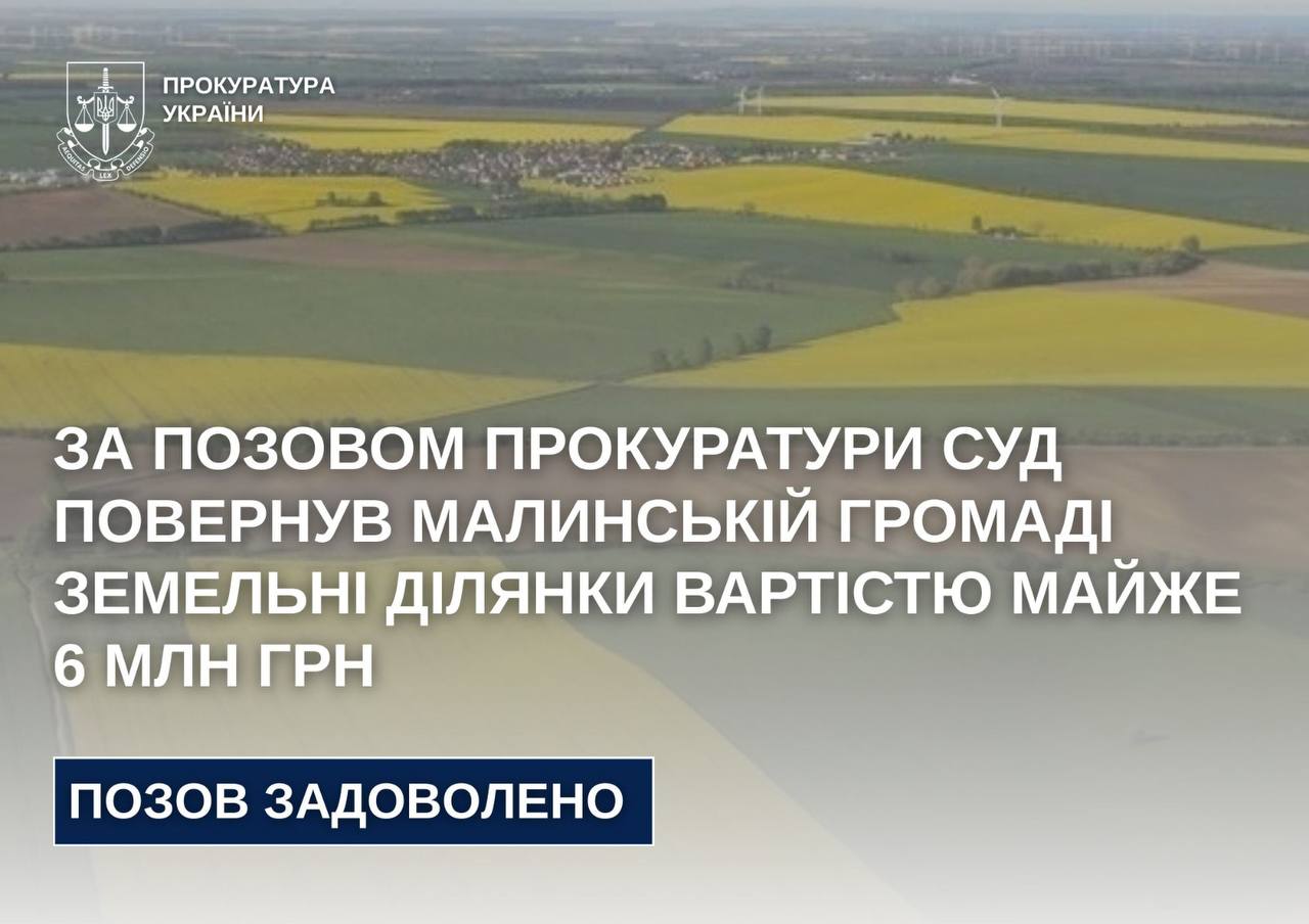 Суд повернув Малинській громаді земельні ділянки вартістю майже 6 млн грн