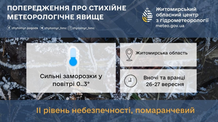 На Житомирщині очікуються сильні заморозки