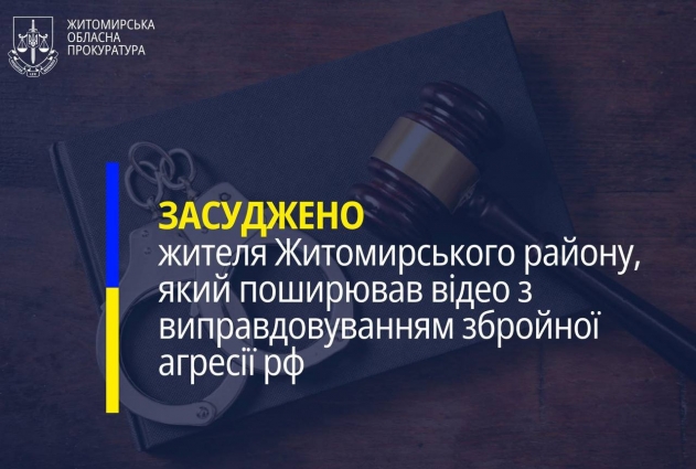 Поширював відео з виправдовуванням збройної агресії рф – жителя Житомирського району засуджено строком на 1 рік