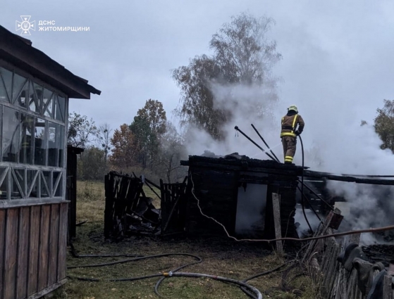 У Житомирському районі гасили пожежу в господарчій будівлі, вогнем знищено речі та дах